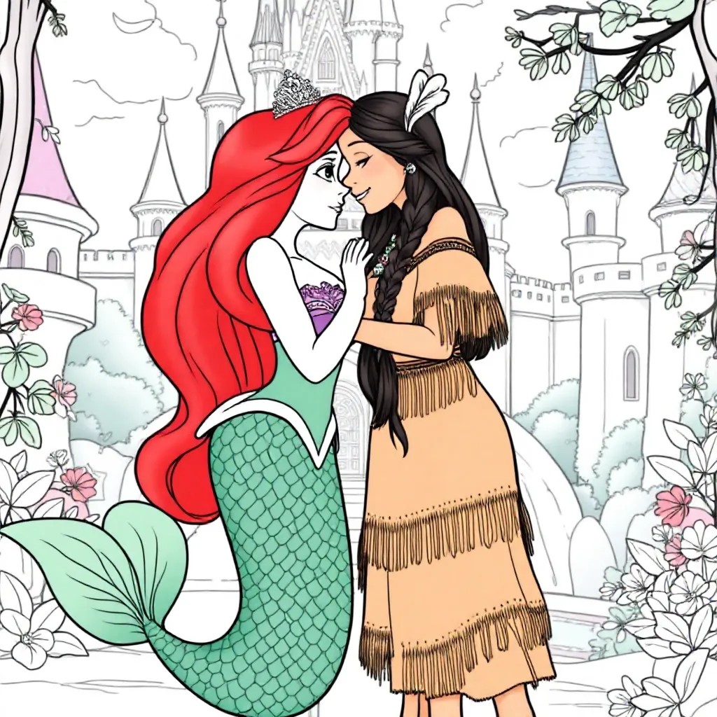 Ariel kissing Pocahontas kleurplaat voor kinderen