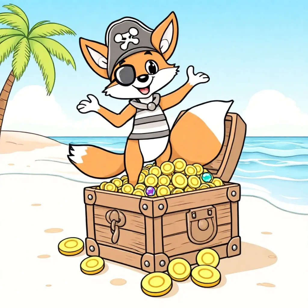 Piraten-vos danst op schatkist vol fonkelende manen. kleurplaat voor kinderen