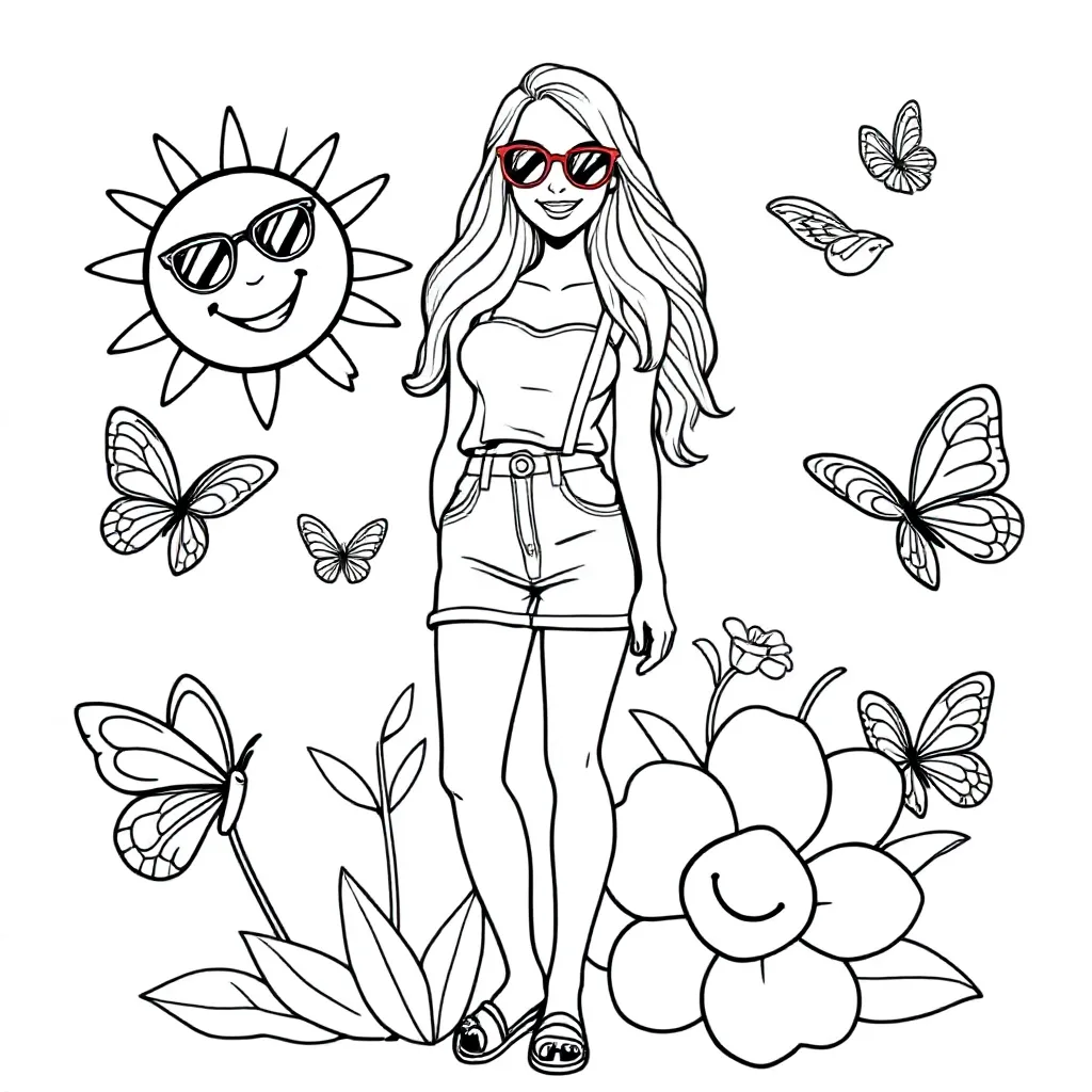 topmodel met kort jeansrokje en een zomertopje kleurplaat voor kinderen