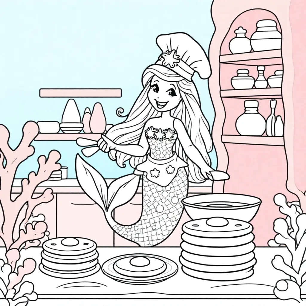 Glitterende zeemeermin-chef bakt manenpannenkoeken in koraalkeuken. kleurplaat voor kinderen