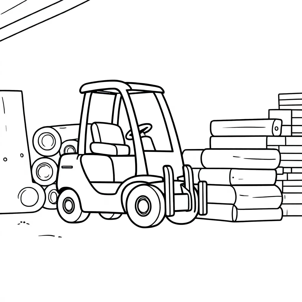 een heftruck met boomstammen en opgestapeld hout in een werkplaats kleurplaat voor kinderen