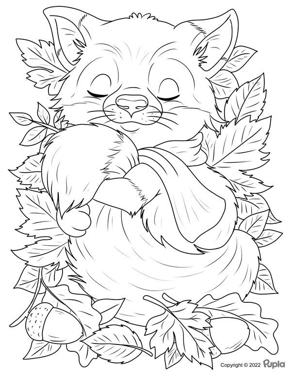 Autumn Fox Coloring Page with Leaves