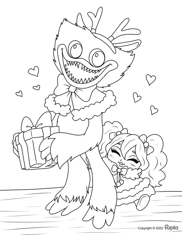 Coloring page Huggy Wuggy and Miss Poppy with Christmas Gift