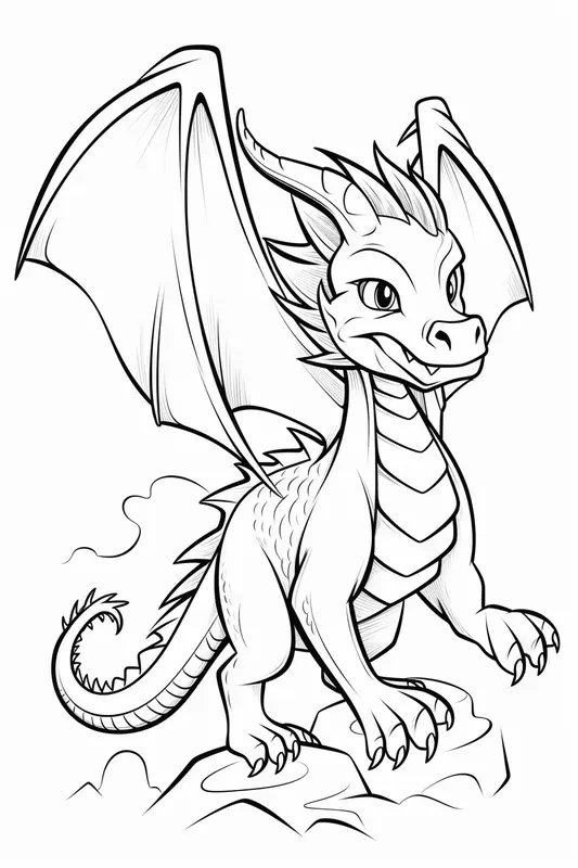 Coloring Page: Large Dragon on Rocks