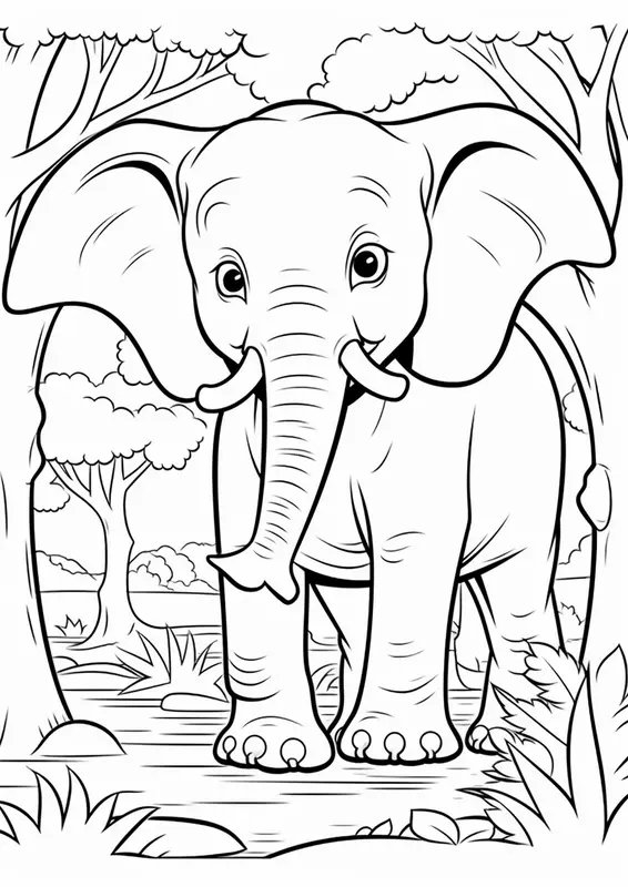Coloring Page Large Elephant Among Trees