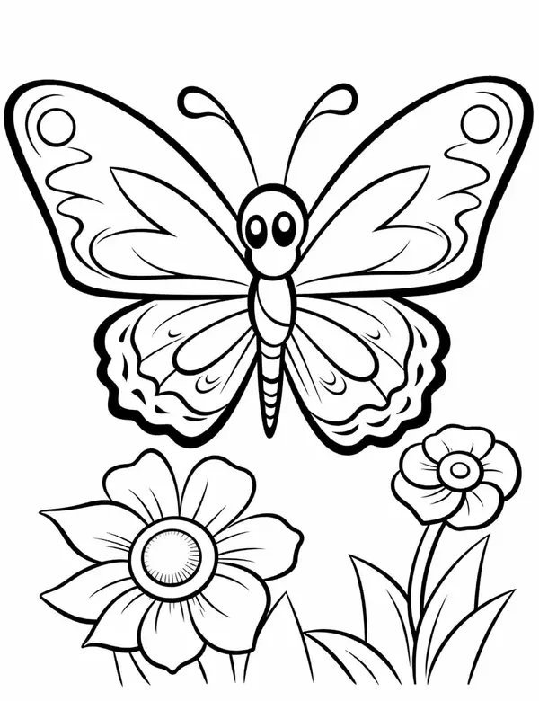 Coloring Page Butterfly Flying Above Flowers