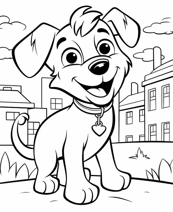 Plantilla de Colorear: Perro Feliz con Fondo Urbano