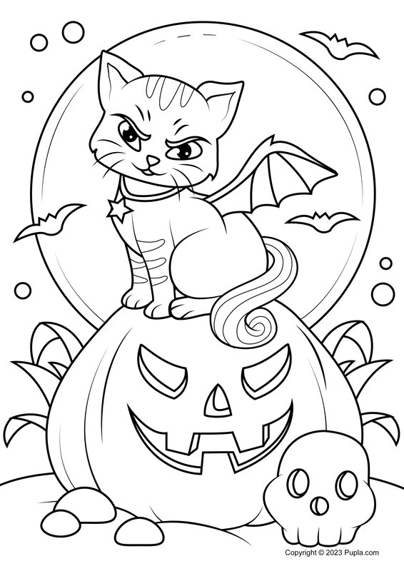 Halloween Kat Zittend Op Pompoen coloring page for children