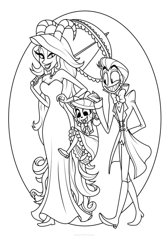 Coloring page Hazbin Hotel Lilith, Lucifer, and baby Charlie