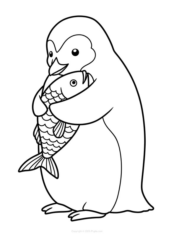Penguin Coloring Page: Penguin Hugs a Fish