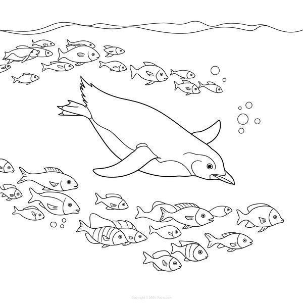 Penguin Coloring Page: Penguin Swimming with Fish