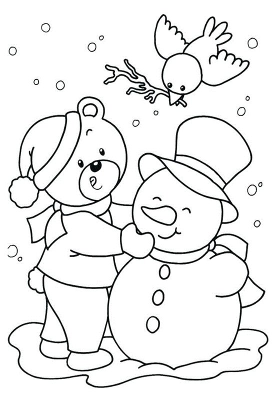 Coloring Page Invierno Navidad Snowman Bear and Bird