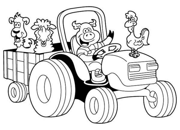 Coloring Page Animals On The Tractor