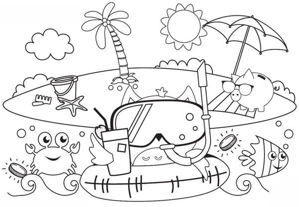 Summer Scene Coloring Page with Crab and Fish