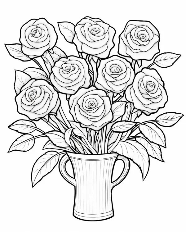 Coloring Page Ramo De Rosas En Jarron