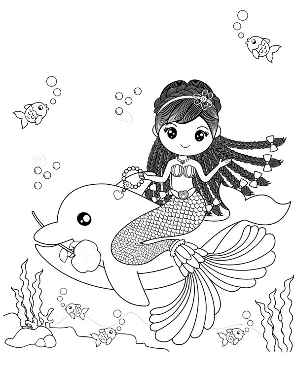 Mermaid Swimming with a Dolphin Coloring Page
