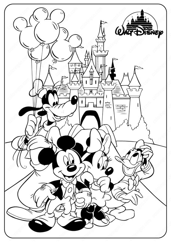 Mickey Mouse Coloring Page and Friends in Front of the Castle