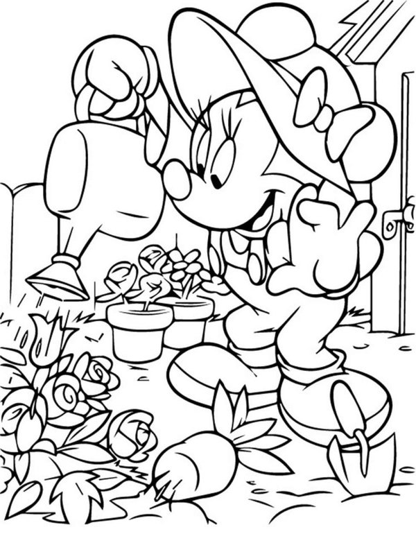 Coloring page Minnie Mouse watering the plants