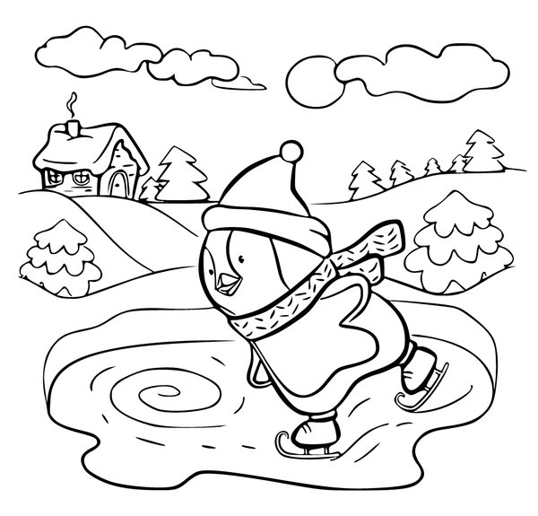 Penguin Skater Winter Coloring Page