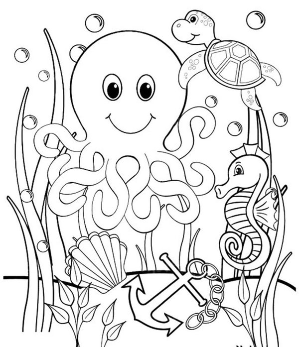 Coloring Page Turtle, Seahorse, and Squid