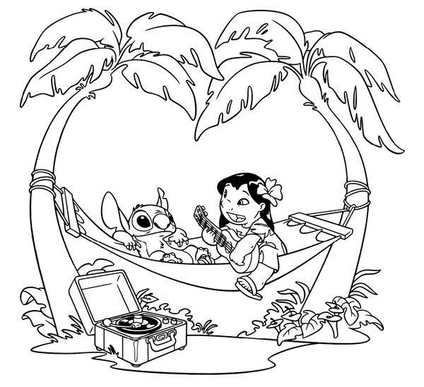 Coloring page Lilo & Stitch relaxing in a hammock