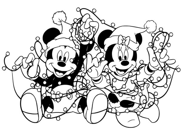 Coloring page Mickey Mouse and Minnie with Christmas lights