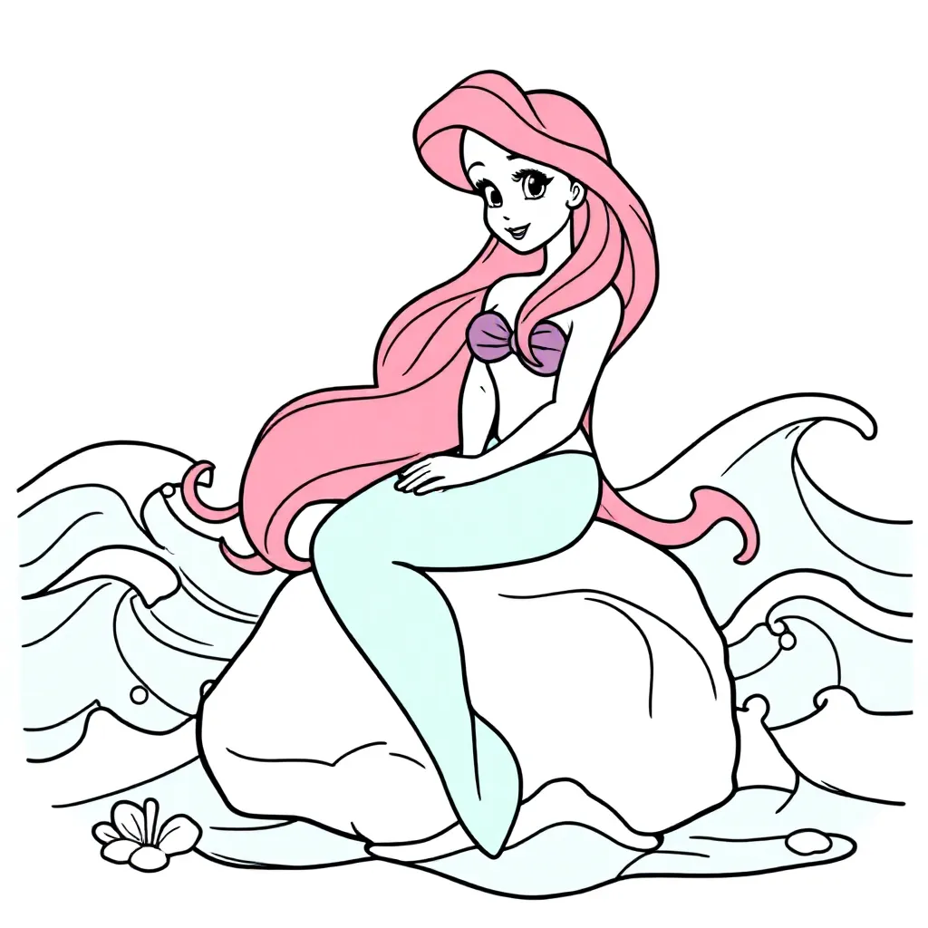 Plantilla de colorear gratis Ariel, Sirena de Disney, Pelirroja, Bajo el mar