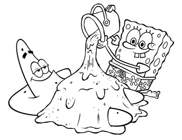 Coloring page Bob the Sponge and Patrick play with sand