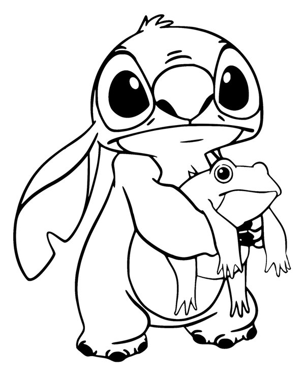 Coloring page Stitch tenant une grenouille