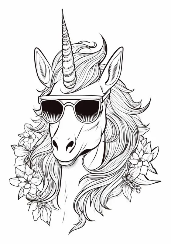 Coloring Page Unicorn Cool Wearing Sunglasses