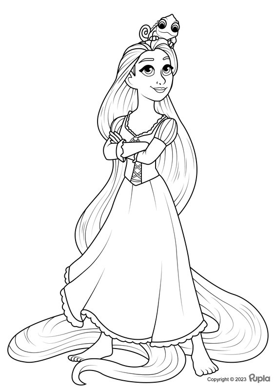Coloring page Rapunzel with Pascal on her head