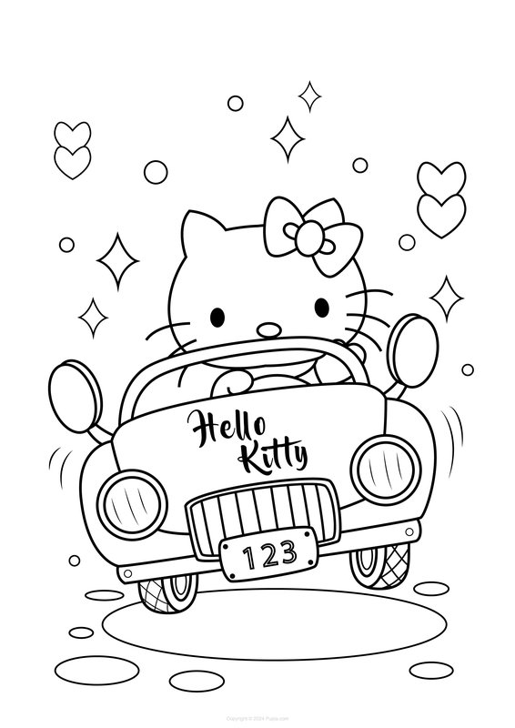 Hello Kitty au volant d'une voiture coloring page for children