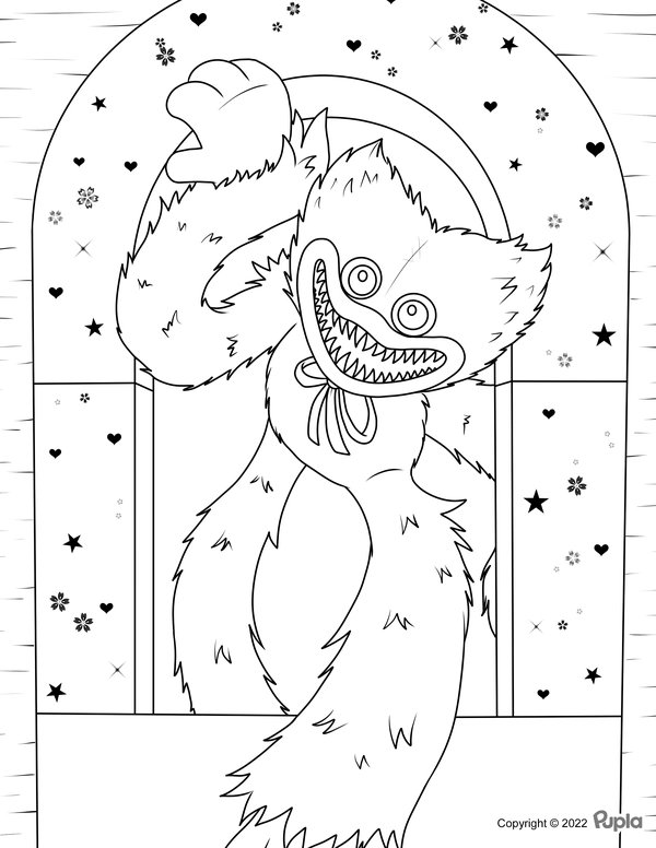 Huggy Wuggy coloring page bursts through the gate