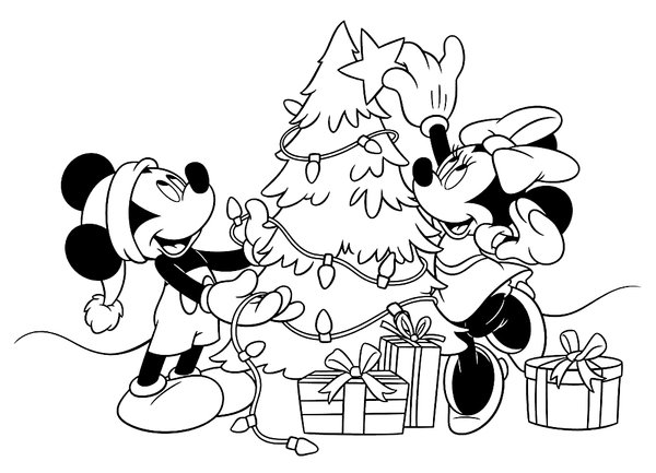Coloring page Mickey Mouse and Minnie decorating the Christmas tree