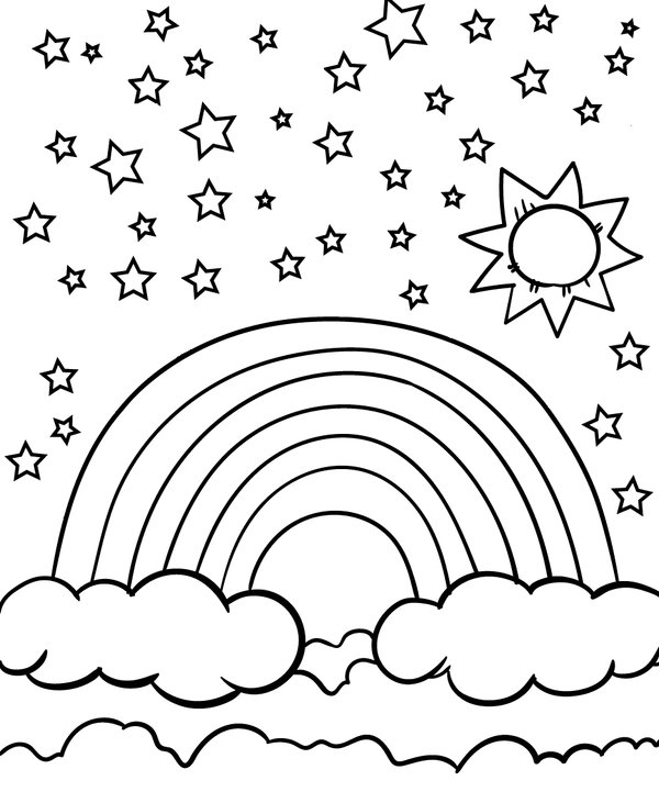Rainbow Coloring Page with Stars and Sun