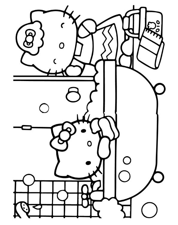 Hello Kitty Coloring Page in the Bathtub