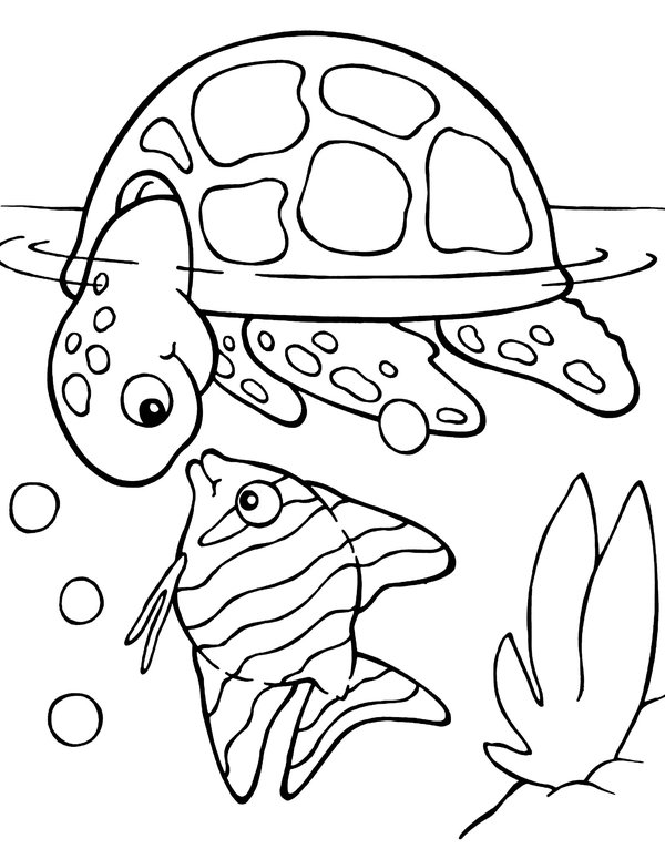 Coloring Page Turtle with Fish in the Sea