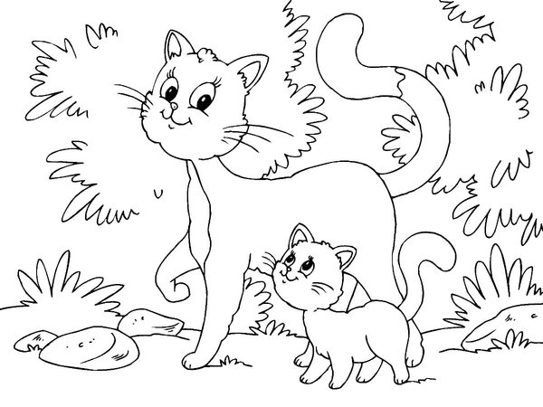 Coloring Page: Mama Katze and Baby Kätzchen