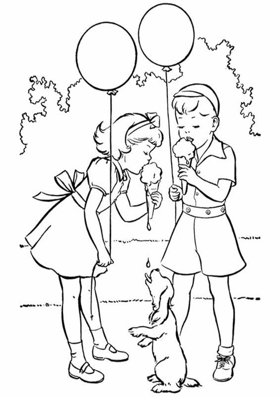 Coloring Page Vintage Girl Eating Ice Cream
