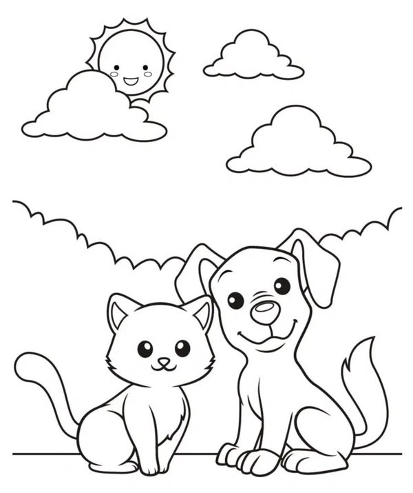 Coloring Page: Cat and Puppy Sitting in the Sun
