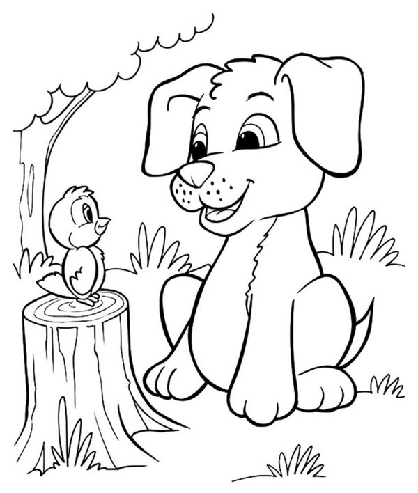 Coloring Page Puppy and Bird on Tree