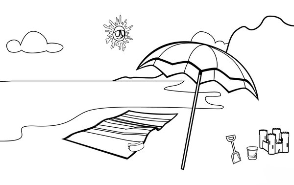 Coloring Page: Summer Beach Scene with Sandcastle