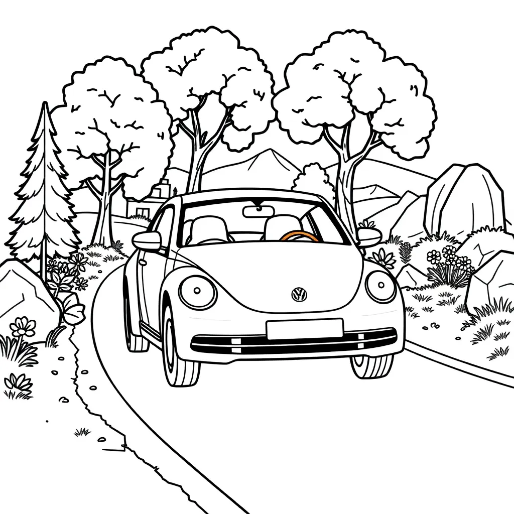 Feuille de coloriage gratuite Volkswagen Coccinelle Nature Dessin animé Joyeux Créatif Coloration