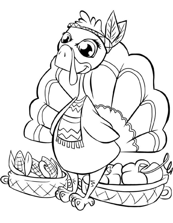 Coloring Page Harvest Thanksgiving Turkey with Baskets