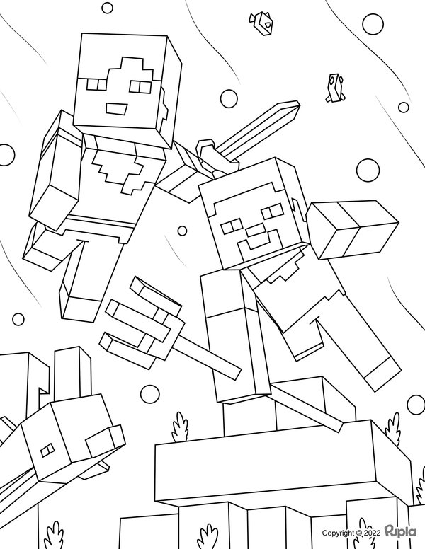 Minecraft Character Coloring Pages with Rake and Sword
