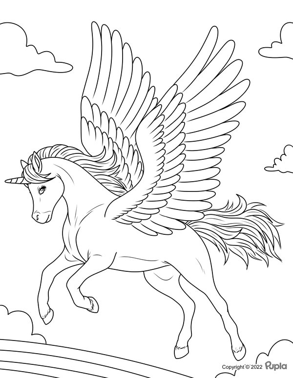 Unicorn Coloring Page with Uplifted Wings