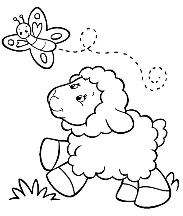 Coloring Page Spring Cute Lamb and Butterfly