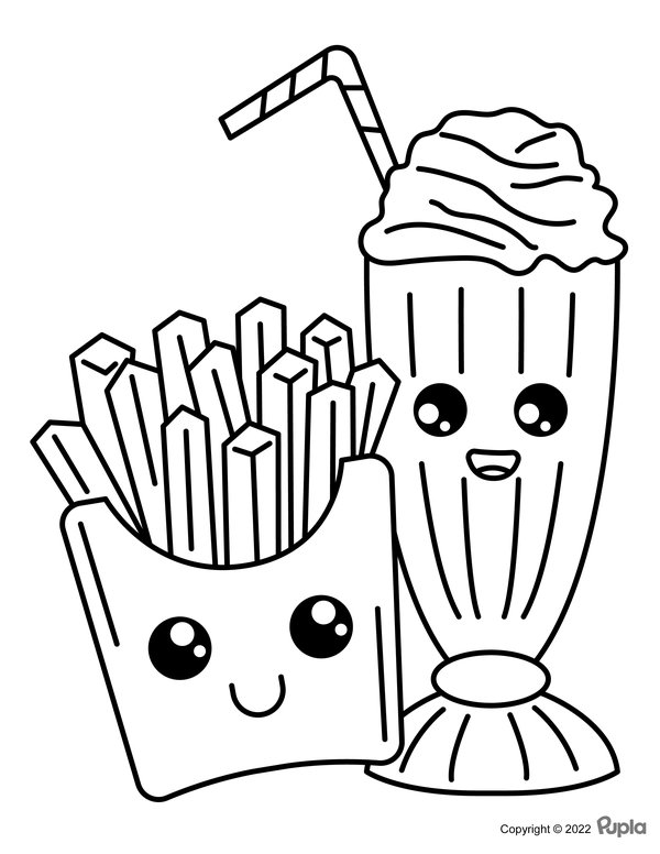 Kawaii French Fries and Milkshake Coloring Pages - Easy and Cute