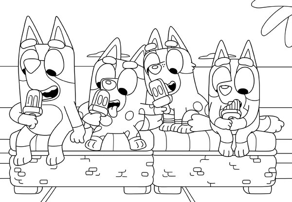 Coloring page Bluey, Bingo, Muffin and Socks eating ice cream