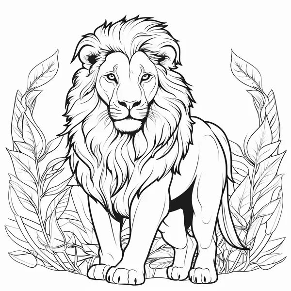 Coloring page Lion standing on leaves